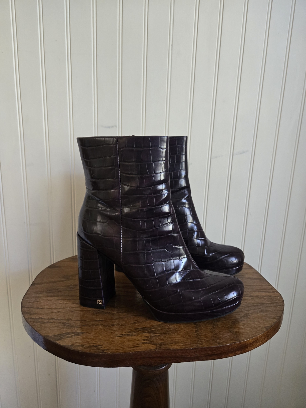 Croc-Embossed Platform Ankle Boots - Dark Burgundy